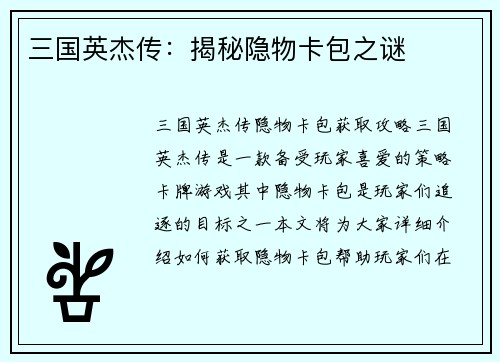 三国英杰传：揭秘隐物卡包之谜