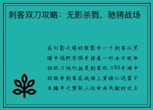 刺客双刀攻略：无影杀戮，驰骋战场